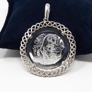VTG Crown Trifari Ram Zodiac Pendant Aries Intaglio Etched Glass Silver Tone